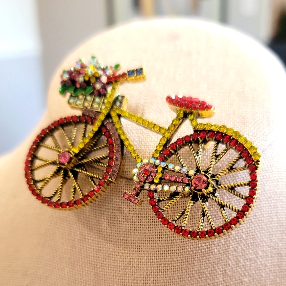 Cottagecore Colorful Bicycle Brooch with Rhinestones